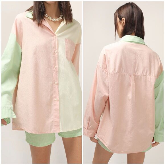 Storets Tops - Storets Womens Color Block Long Sleeve Button-Up Blouse Green Pink, S/M